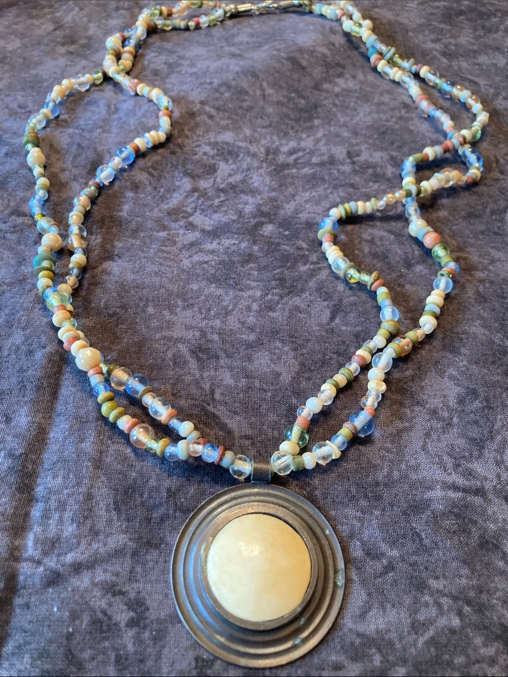 Boho Beaded Multi-Color Necklace with Cream Center Pendant